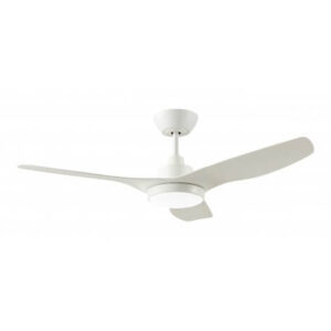 An image of a white ceiling fan with a light in front of a white background.