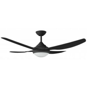 An image of a black ceiling fan with a light in front of a white background.