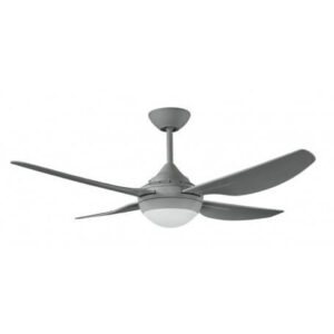 An image of a titanium-coloured ceiling fan with a light in front of a white background.