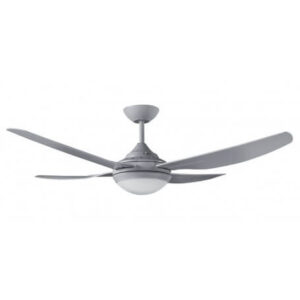 An image of a titanium ceiling fan with a light in front of a white background.