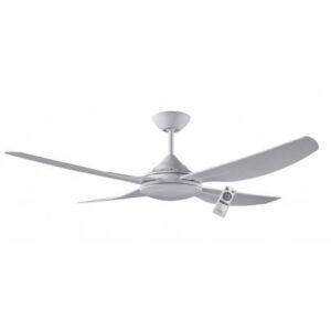An image of a white ceiling fan and remote control in front of a white background.