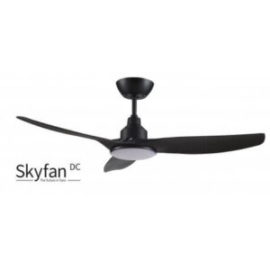 An image of a black ceiling fan in front of a white background.