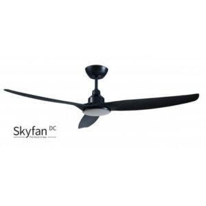 An image of a black Skyfan ceiling fan in front of a white background.