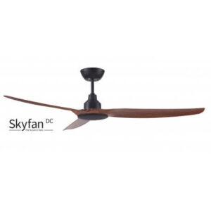 An image of a teak Skyfan ceiling fan in front of a white background.