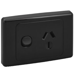 An image of a black Clipsal 2000 Series Single Switch Powerpoint in front of a white background.