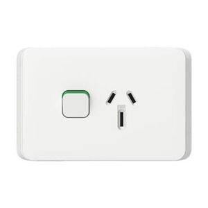 An image of a white Clipsal Iconic single switch powerpoint in front of a white background.