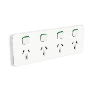 An image of a white Clipsal Iconic Quad Switch Power Point in front of a white background.