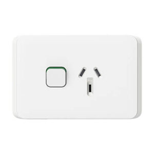 An image of a white Clipsal 10 Amp Iconic Single Powerpoint in front of a white background.