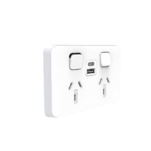 An image of a white Clipsal Iconic Power Point with USB Charger in front of a white background.