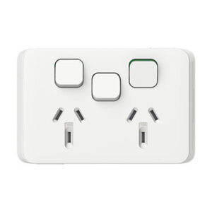 An image of a white Clipsal 10 Amp ICONIC Double Powerpoint with Switch in front of a white background.