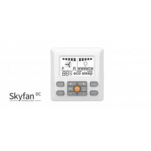 An image of a white, square Skyfan DC wall control in front of a white background.