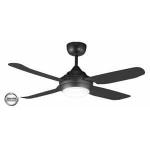 An image of a black Spinika 4 blade ceiling fan with LED light in front of a white background.