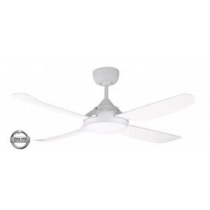 An image of a white Spinika 4 blade ceiling fan in front of a white background.