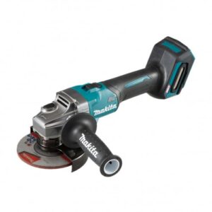 An image of a black and green Makita angle grinder in front of aa white background.