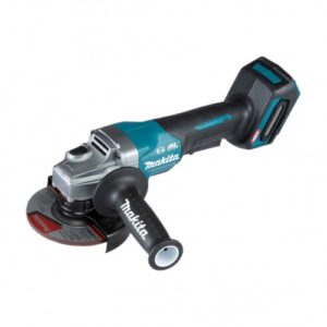 An image of a black and green Makita angle grinder in front of a white background.