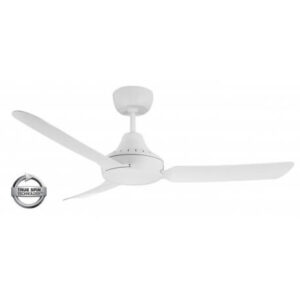 An image of a white Stanza 3 blade ceiling fan in front of a white background.