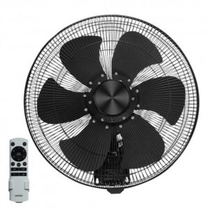 An image of a black WAL45-DC Wall Fan with a remote control in front of a white background.