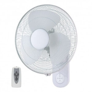 An image of a white Zephyr II Wall Fan with a remote control in front of a white background.