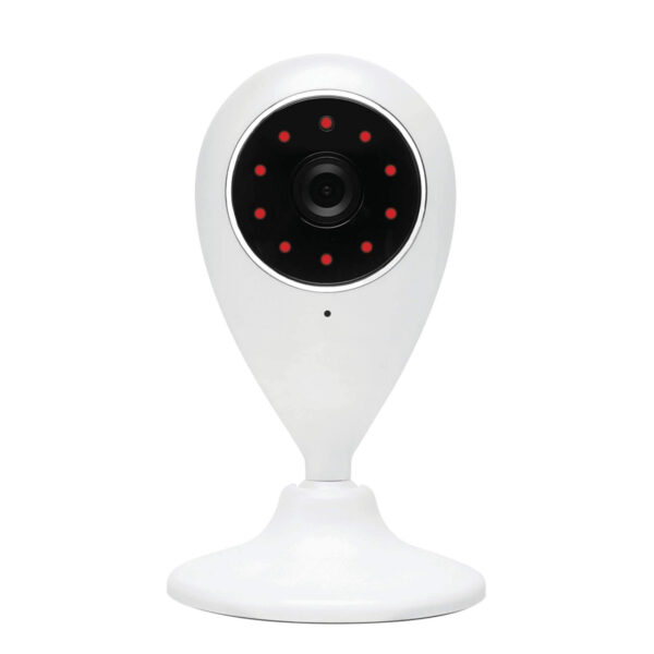 An image of a white WIFI camera with a round black lens. The lens has a circle of red dots on it.