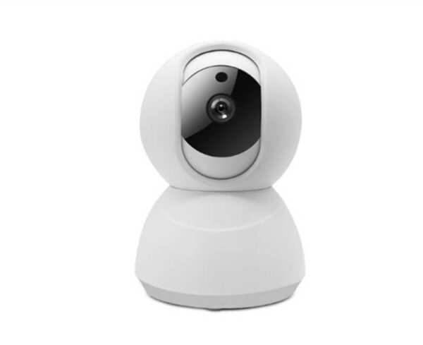 An image of a white and black Smart WIFI Pan & Tilt Camera in front of a white background.