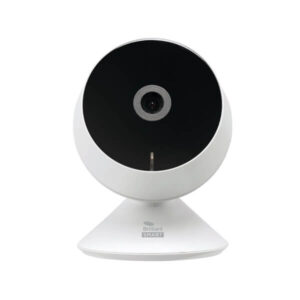 An image of a white and black smart wifi camera in front of a white background.