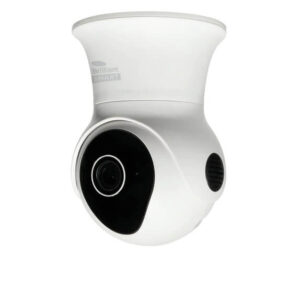 An image of a white and black Pan & Tilt Camera in front of a white background.