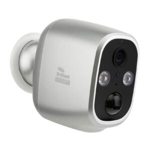 An image of a silver smart wifi camera with a light in front of a white background.