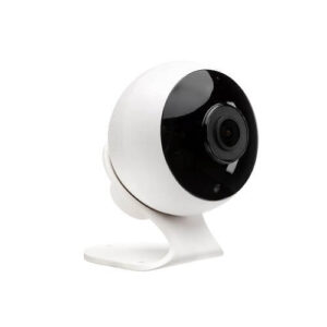 An image of a white round smart camera with a black lens, in front of a white background.