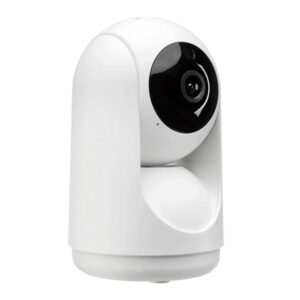 An image of a white and black Smart WIFI Pan and Tilt Camera in front of a white background.