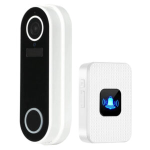 An image of a white and black oval video doorbell with a white rectangular chime. In front of a white background.