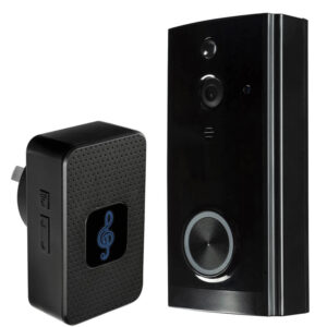 An image of a black rectangular video doorbell and a smaller black door chime in front of a white background.