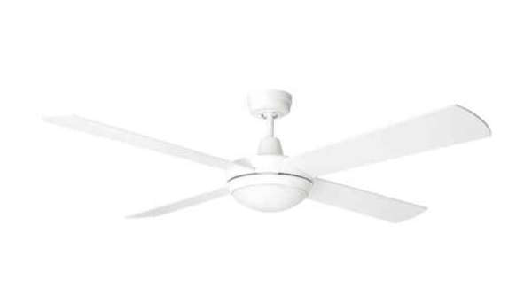 An image of a white-coloured Tempest LED 52" ceiling fan in front of a white background.