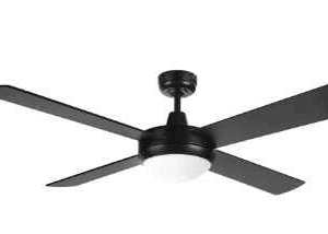 An image of a black-coloured Tempest LED 52" ceiling fan in front of a white background.