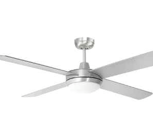 An image of a brushed aluminium Tempest LED 52" ceiling fan in front of a white background.