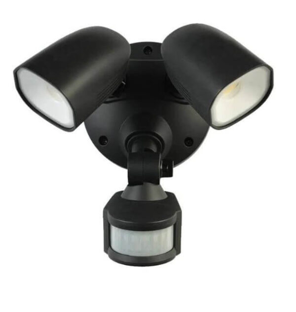 An image of a black Shielder LED 2 Light Floodlight with Sensor in front of a white background.