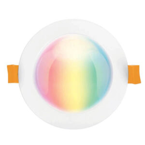 An image of a white trimmed Smart Bluetooth Mesh RGB & CCT LED Downlight in front of a white background.