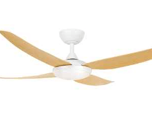 An image of a Matte White/Oak Amari ceiling fan in front of a white background.