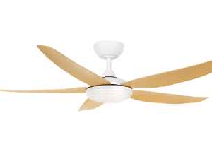 An image of a Matte White/Oak Amari 56" ceiling fan in front of a white background.