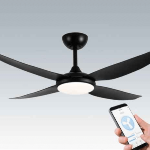 An image of a Black Amari Smart 52" ceiling fan in front of a gray background. There is also a hand folding a mobile phone, pointed at the fan.