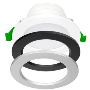 An image of the Uni Trio LED CCT Downlight with interchangeable colour trims in front of a white background.