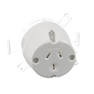 An image of a white Clipsal 10 Amp 3 Pin Single Plug Base in front of a white background.