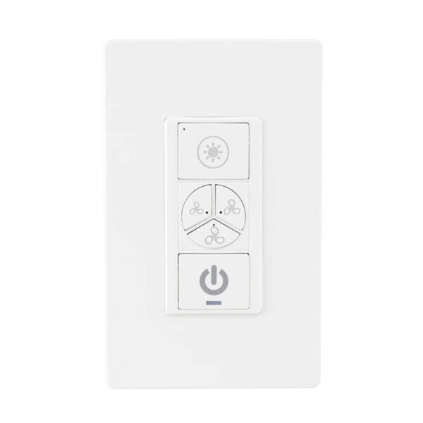An image of a white fan wall controller in front of a white background.
