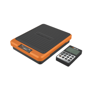 An image of a black & orange Navtek NRS2I01 Electronic Wireless Scales along with a smaller black & silver rectangular component in front of a white background.