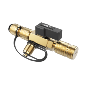 An image of a black & brass Navtek NVR1 Valve Core Removal Tool in front of a white background.