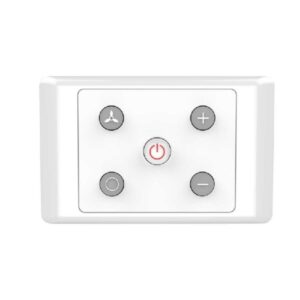 An image of a white Ventair DC3 Push button wall control with grey buttons in front of a white background.