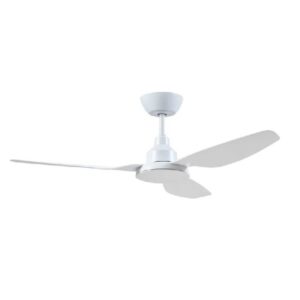 An image of a white GLA1203WH-L Ventair Glacier DC ceiling fan with light in front of a white background.