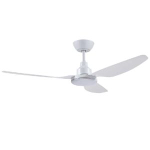 An image of a white GLA1303WH-L Ventair Glacier DC 1300mm ceiling fan with LED light in front of a white background.